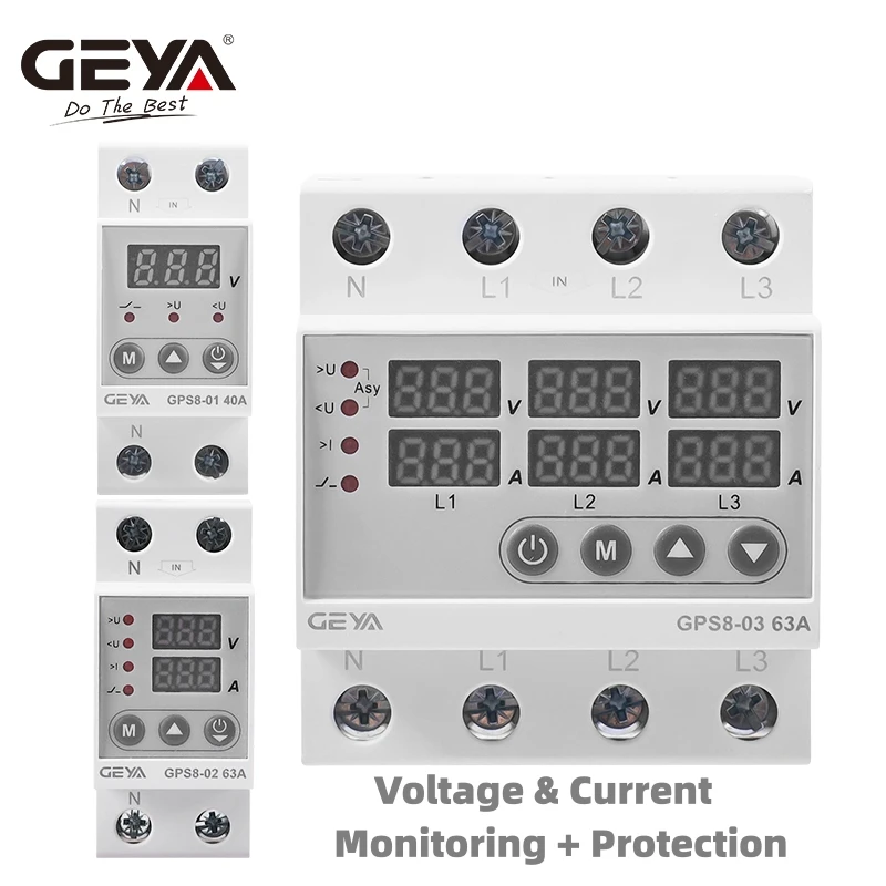 GEYA GPS8-03 Din Rail 3 Phase Voltage Relay 3P+N Over and Under Voltage Monitor Relays Protector Adjust Over Current 63A