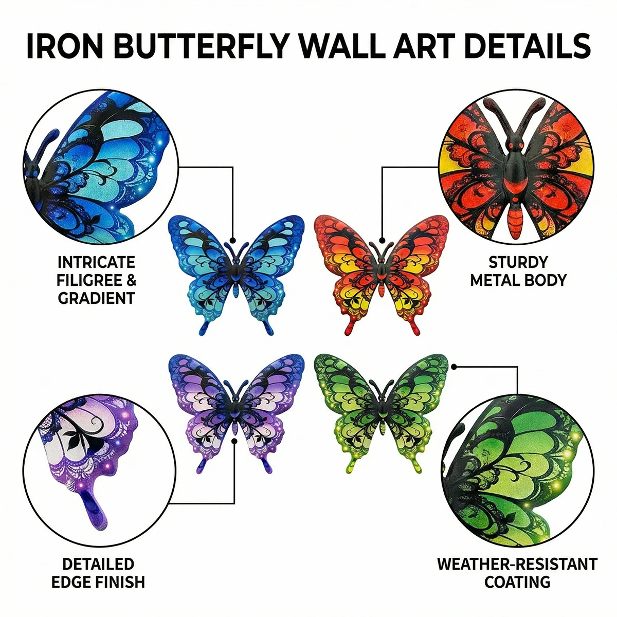 

4PCS Vibrant Metal Butterfly Wall Art Decor, Rust-Resistant Outdoor Sculpture with Tool-Free Hook for Garden, Yard, Patio, Fence