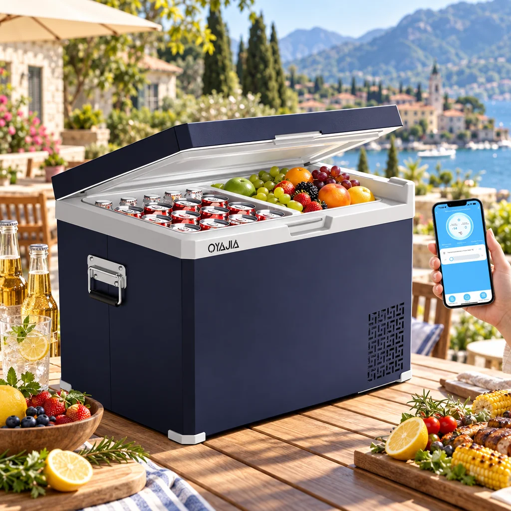 40L Kompressor-Kühlbox Elektrische Gefrierbox Tragbarer Auto-Kühlschrank mit Rädern ±20 ° C 12/24V Kühlschrank mit Knopf- und App-BT-Steuerung, geräuscharm, mit Kindersicherung, Dual-Zone