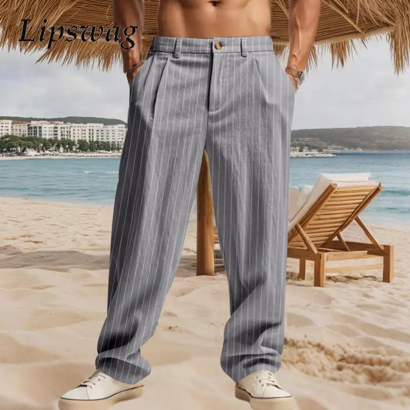 

Vintage Loose Straight Linen Pants Men Daily Casual Linen Breathable Trousers 2025 Spring Summer Stylish Mens Striped Trousers