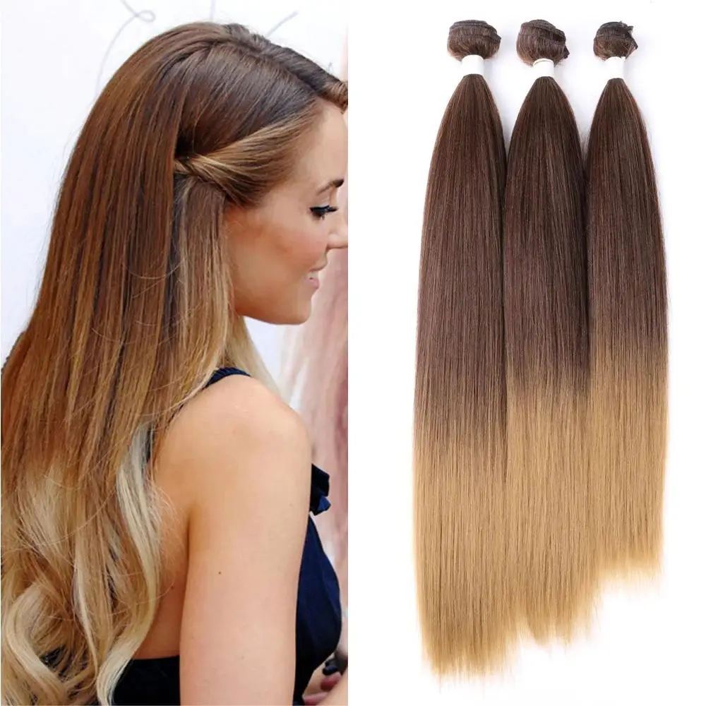 3 Bundles Long Straight Hair Bundles 22/24/26 Inch Ombre Brown Synthetic Hair Weave Ponytail Hair Weft Extensions For Women