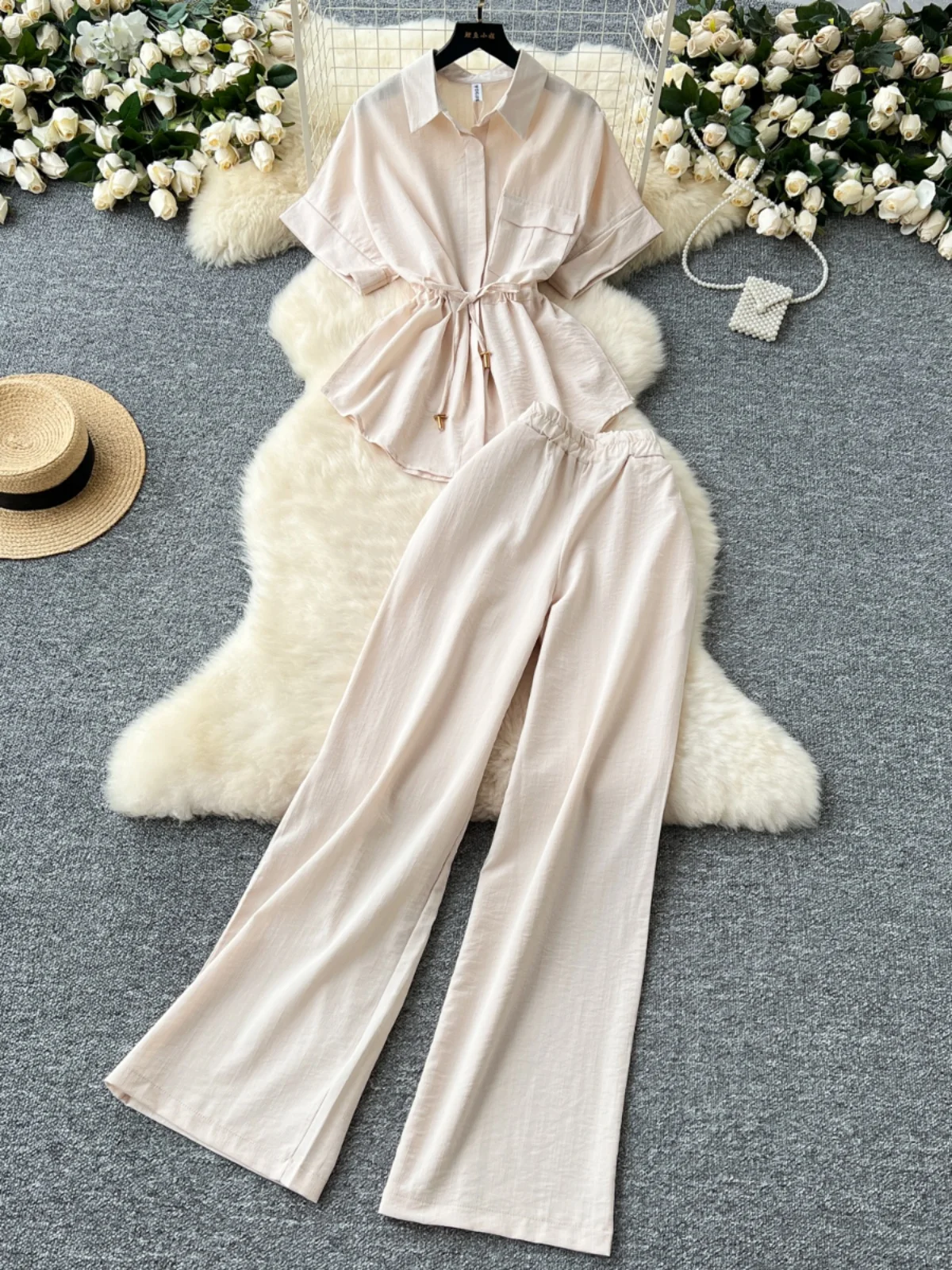 Women's Summer Faion Two-Piece Set Belted Waist ort Sve irt High Waist Slim Wide Leg Straight Pants Ensemble