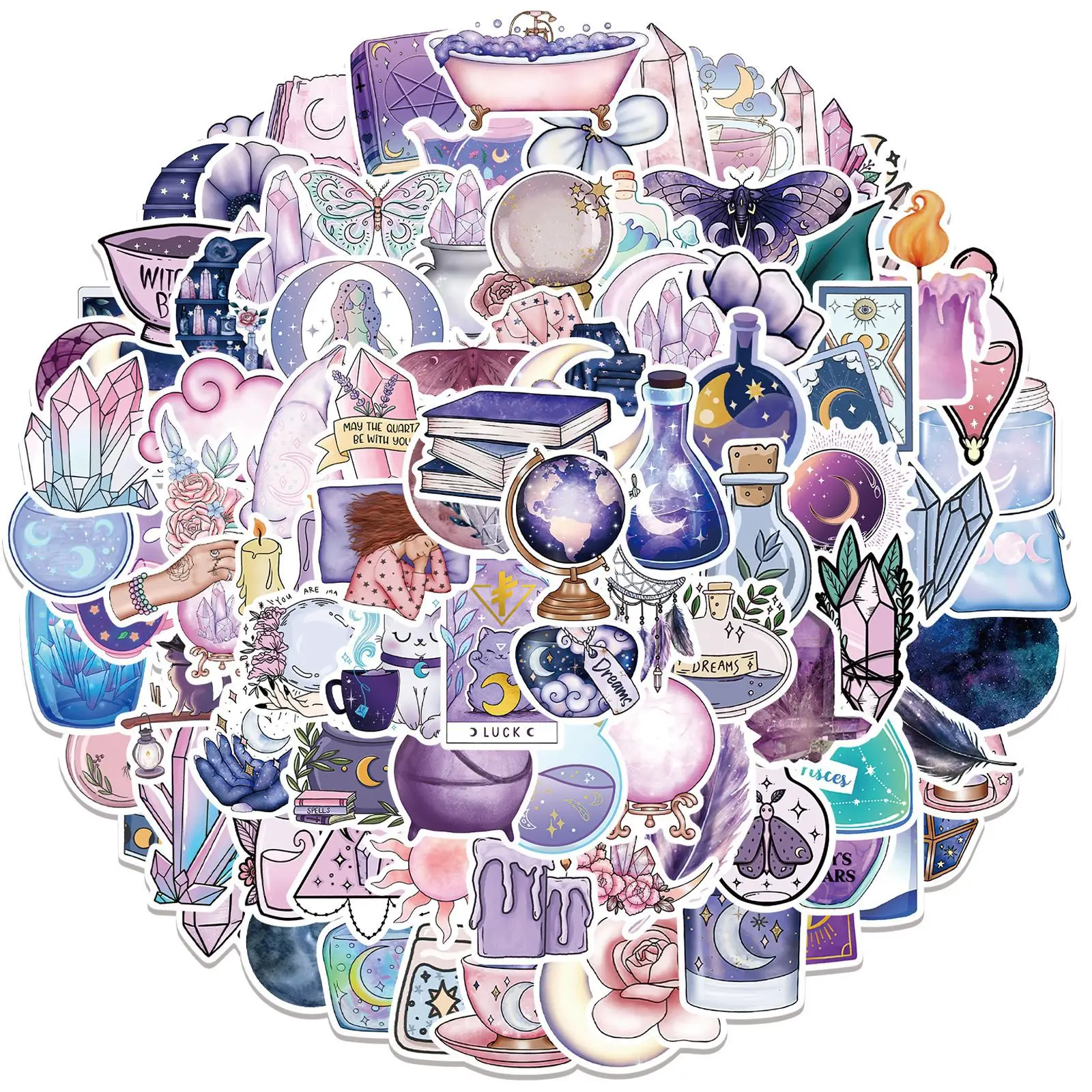 10/30/50/100PCS Purple Magic Crystal Moon Stickers Aesthetic Graffiti Cartoon Decals Waterproof DIY Laptop Phone Luggage Guitar