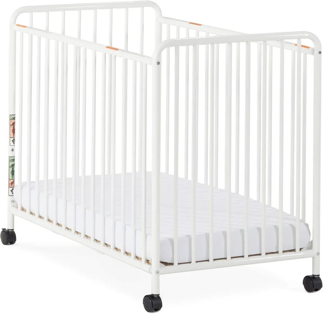 Child Craft Siesta Metal Compact Non-Folding Portable Crib with 2” Crib Mattress and Locking Wheels, Durable Metal Construction