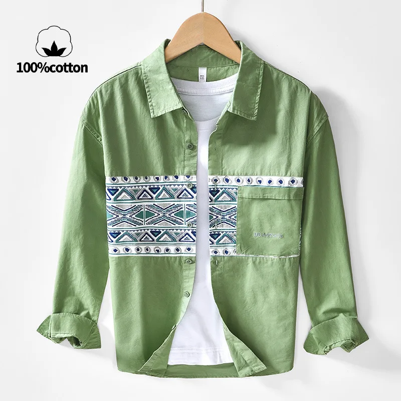 100% Cotton, Color-blocked Men's Breathable Moisture-wicking Loose Long Sleeve Shirt, Sun Protection Jacket for Beach Vacation.