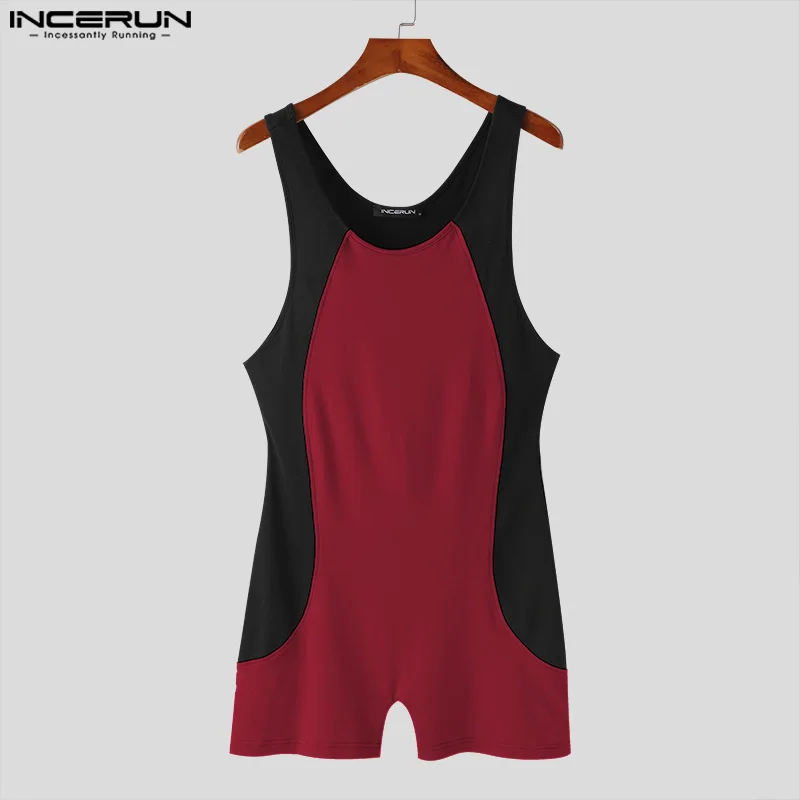 2024 Men Bodysuits Patchwork O-neck Sleeveless Hollow Out Male Rompers Sexy Backless Skinny Casual Cozy Playsuits S-3XL INCERUN