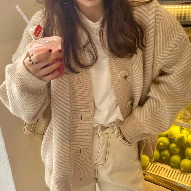 Autumn Winter Fashion Striped Cardigan Sweater Women Knitted Coats Female Long Sleeve Casual Knit Jacket Cardigans Tops Knitwear