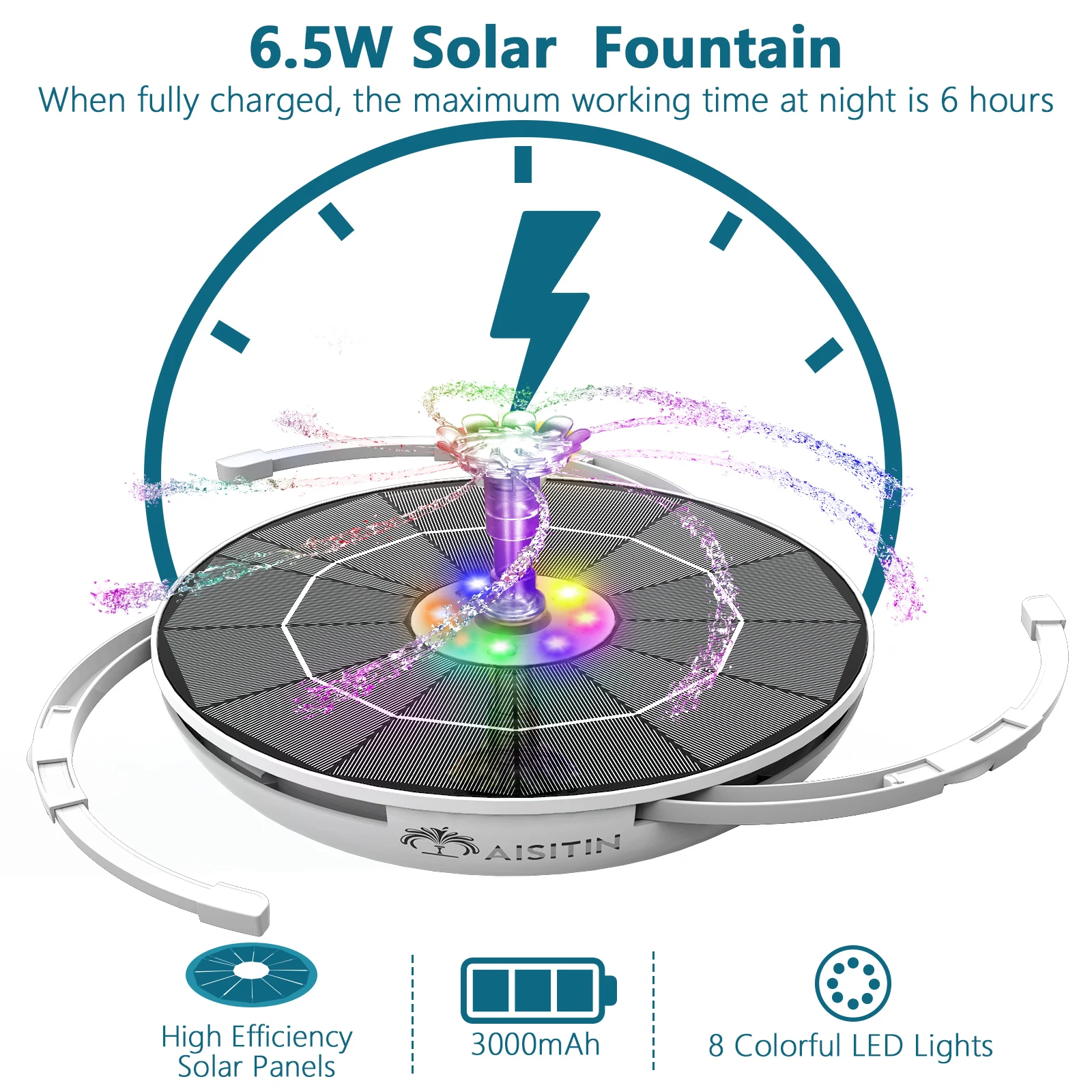 AISITIN 6.5W fontanna solarna pompa wbudowana 3000mAh bateria, zasilany energią słoneczną pompa do fontanny z diodami LED do stawu, ogród