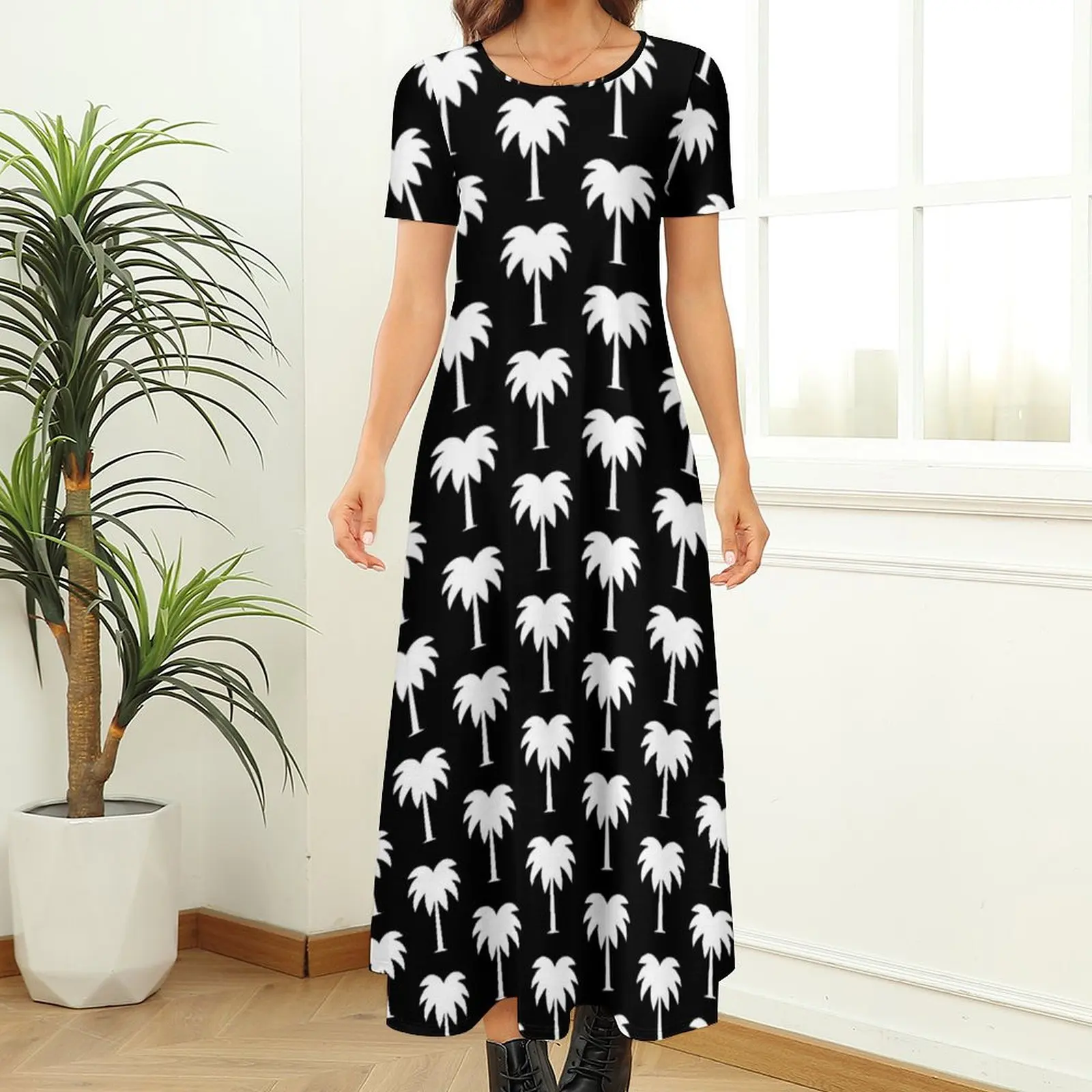 Tropical Palm Tree Dress Black and White Maxi Dress Short Sleeve Fashion Boho Beach Long Dresses Women Printed Oversized Vestido