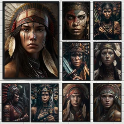 Indian Girl Portrait Posters Prints Wall Picture Beauty Woman with Feather Headdress Canvas Painting for Living Room Home Decor