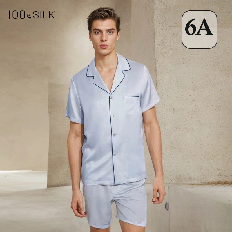 Men's 19 Momme Heavy 100% Mulberry Silk Pajamas Set Short Sleeve Shorts Soft Breathable Cool Sleepwear Loungewear