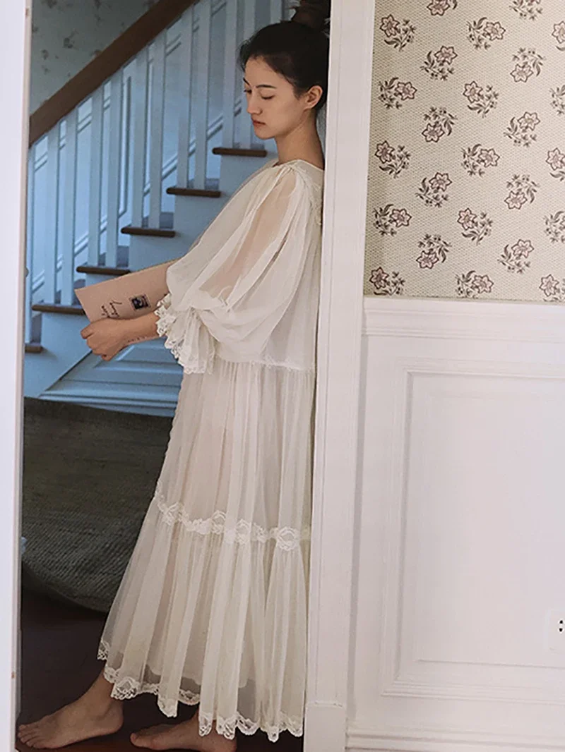 Women Fairy Princess Sleepwear Spring Summer Mesh Nightgown Vintage Lace Round Neck Nightdress Casual White Long Night Dress