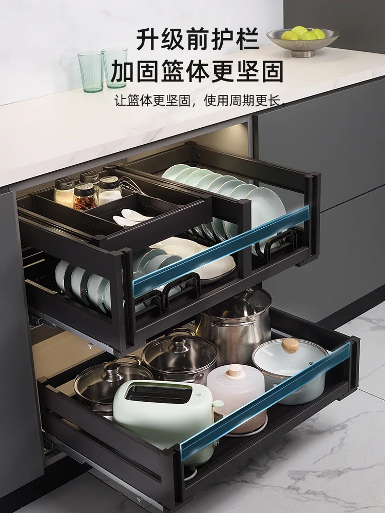 

Wholesale kitchen pull basket single layer cabinet aluminum alloy drawer type bowl basket drawer dish storage pot and pan basket