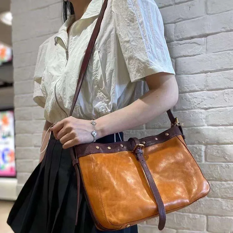 Women Contrast Color Leather Crossbody Bags Elegant Ladies Genuine Leather Shoulder Bag Casual Commuter Handbags Free Delivery