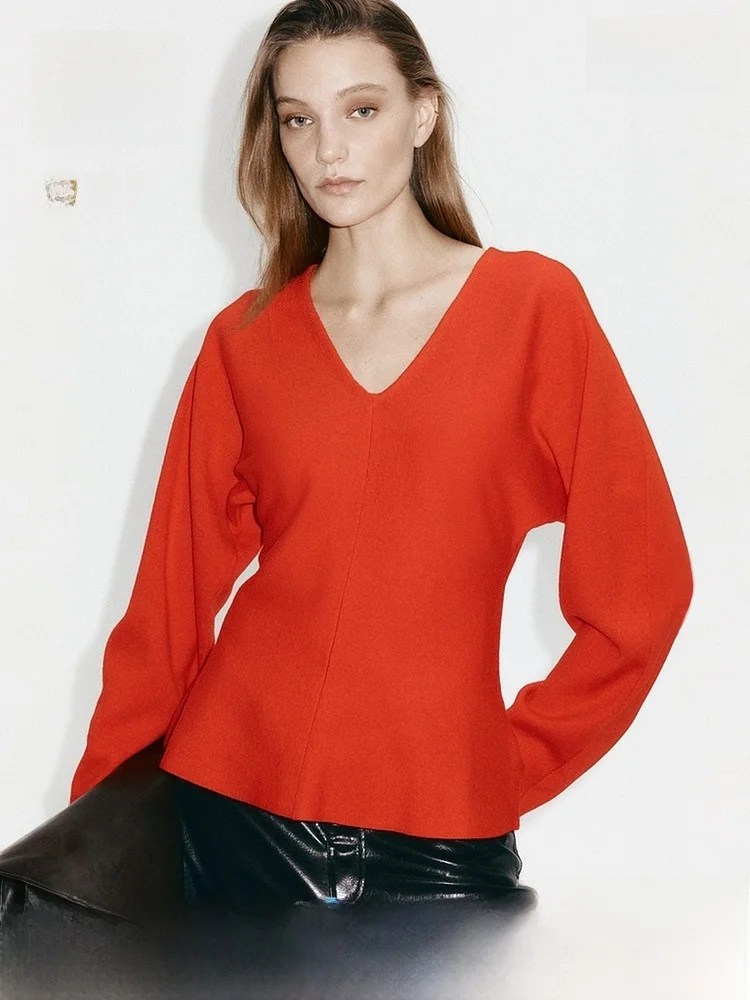 

H&M Women's Knitted Sweater Spring 2026 Slim Fit V-Ne Wool Blend Red Base irt Quiet Luxury Sle Casual Faion