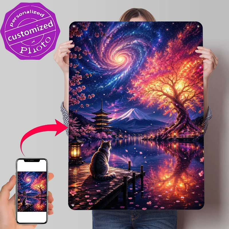 Cat Gazing At a Cosmic Japanese Landscape Printed Poster Customized Wall Art Retro Vintage Metal Tin Signs for Office Decor Room