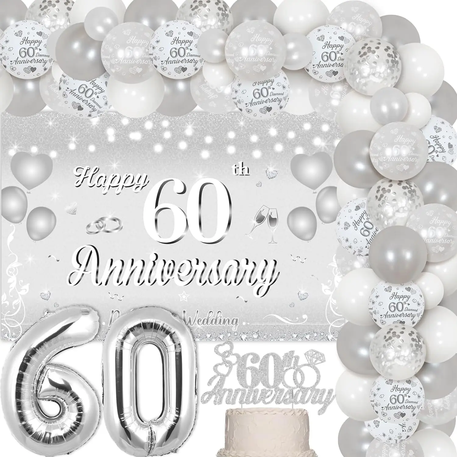 

60th Diamond Wedding Anniversary Decor Balloon Garland Arch Kit Happy 60th Anniversary Backdrop Cake Topper 60 Year Party