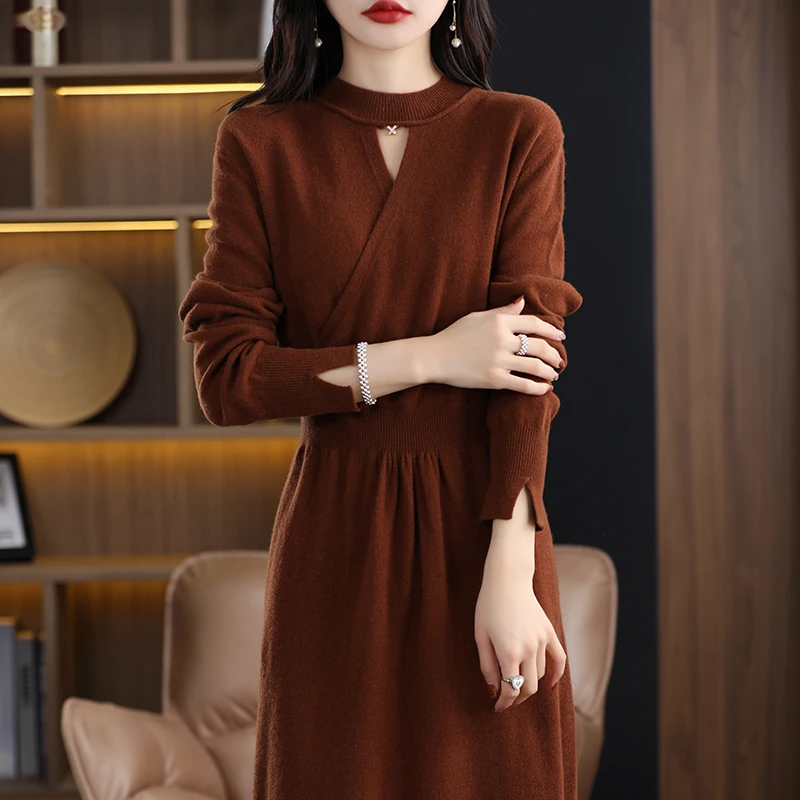 2024 Spring Autumn New Solid Color Round Neck Temperament 100% Pure Wool Mid length Versatile Fashion Dress Cashmere Long Dresss