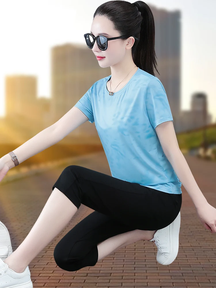 Ice Silk Outdoor Sports Suit Women's Summer Thin New Sle Breathable Qui Dry ort Sve Seven-Piece Pants Two-Piece Set