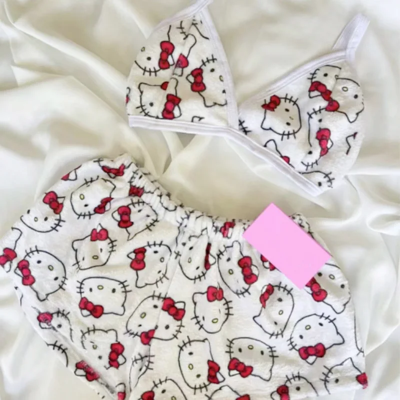 Sanrio Hello Kitty Y2k Girls\' Bra +Shorts Flannel Home  Lingerie Set Outerwear Casual Home Clothes Two Piece Set Pajamas New