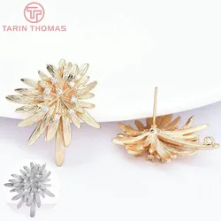 (7576) 4PCS 24x27MM 24K Gold Color Brass with Zircon Flower Shape Stud Earrings High Quality Diy Jewelry Findings Accessories