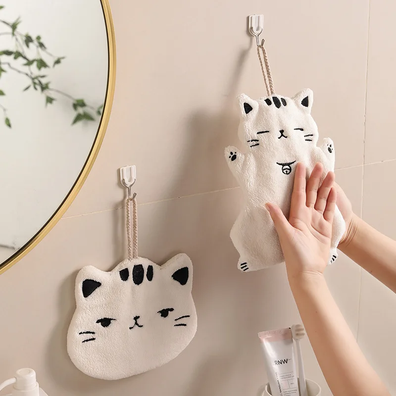 Cute Cat Hand Towel Hanging Coral Fleece Hand Towel for Kitchen & Bathroom with Strong Absorption and No Lint