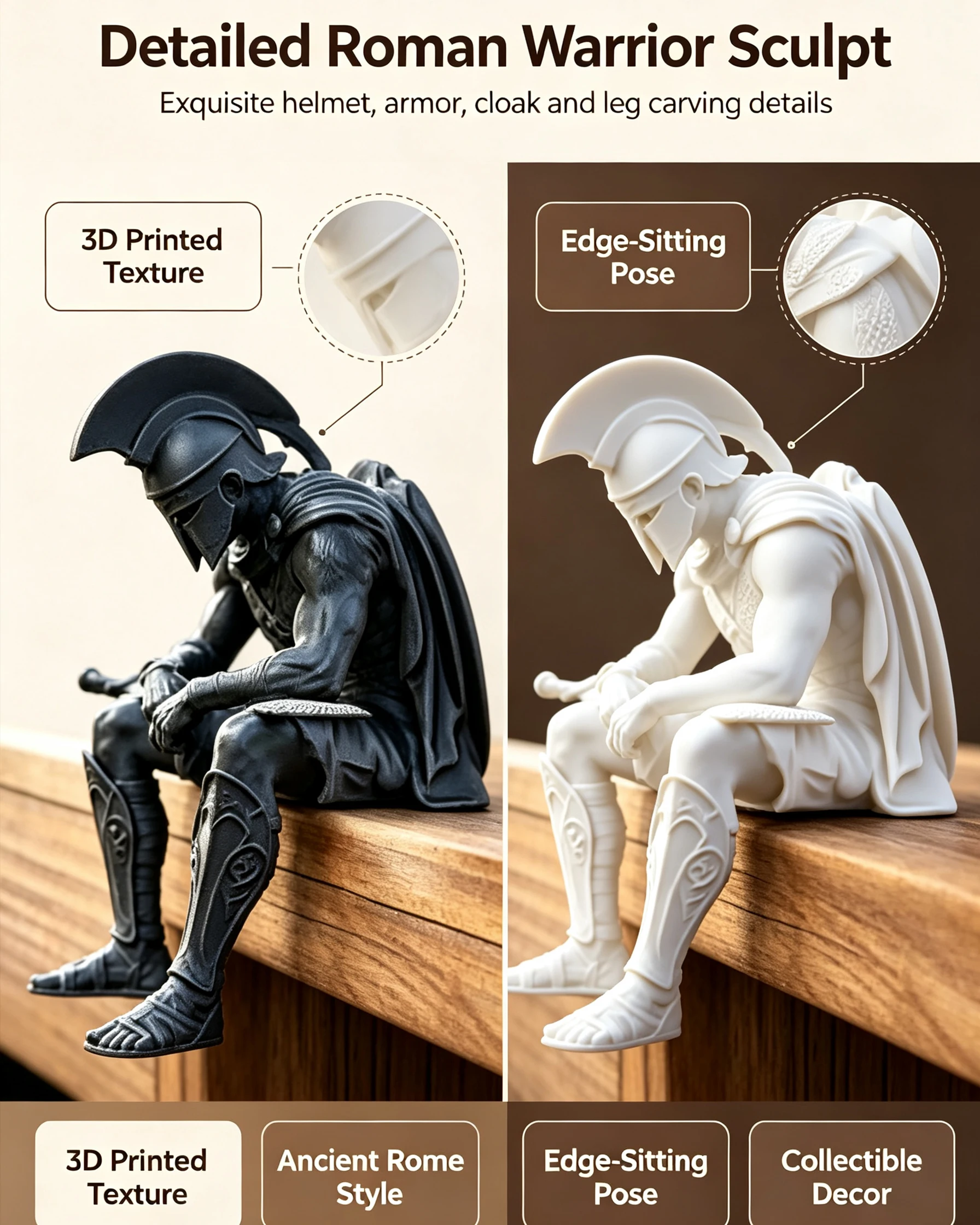 Meditation Warrior Figurines 3D Printed Soldier Edge‑Sitting Statue Ancient Rome Style Shelf Sitter Ornaments Desktop Home Decor