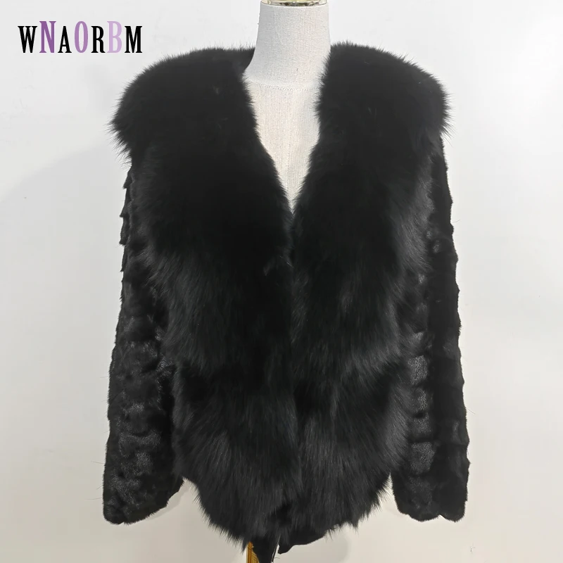 New Women Winter 100% mink Fur Warm Coat Full fox fur placket  Fashion Short Pluffy Fur Jacket Femme black Real fur coat