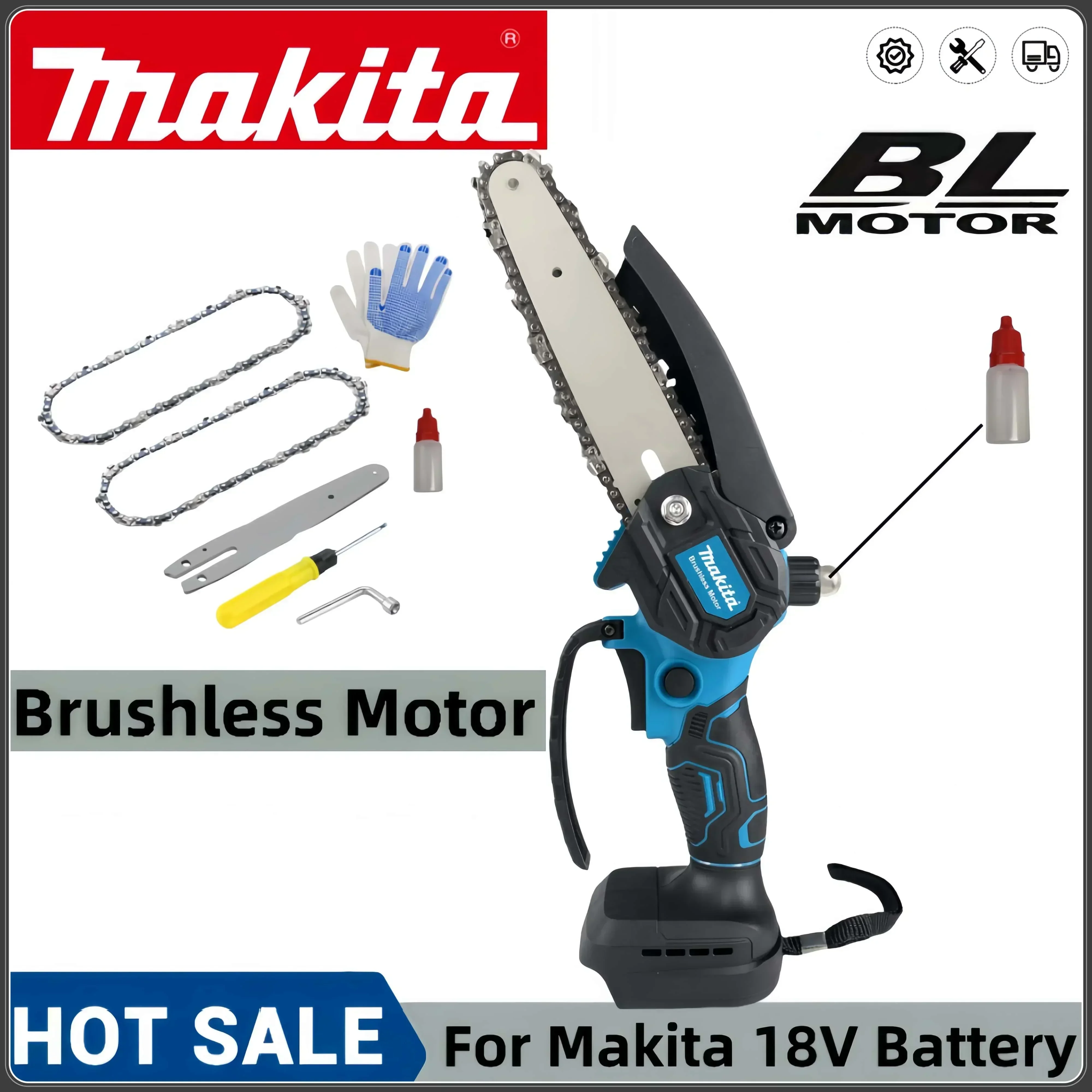 Makita New 6 Inch Brushless Chain Saw Cordless Mini Handheld Pruning Saw Woodworking Electric Saw Cutting Tool Makita 18VBattery