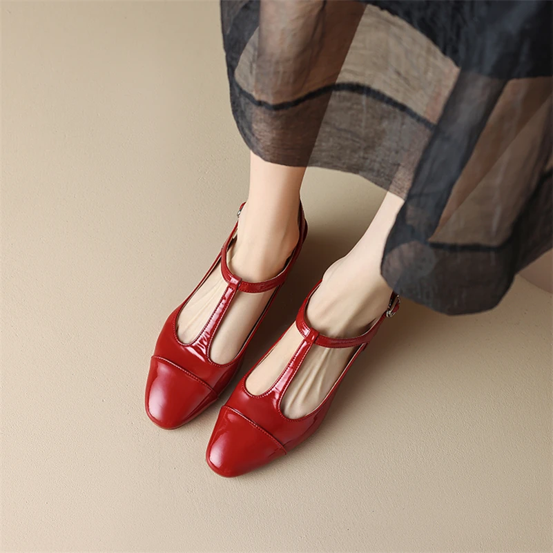 Meotina Women Genuine Leather Slingbacks Round Toe Block Mid Heel Pumps Buckle Ladies Fashion Shoes Spring Autumn Red Black