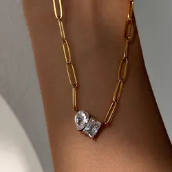 Exquisite Square&Waterdrop Cubic Zirconia Paper Clip Link Chain Necklace Fashion Stainless Steel Necklace for Women Jewelry