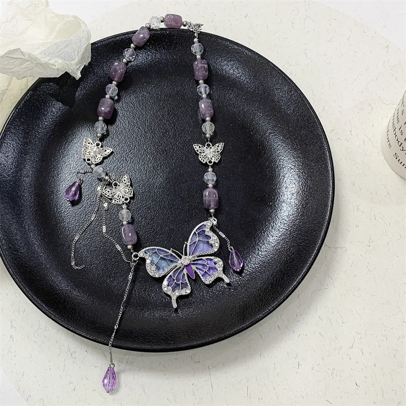 Purple Necklace for Women Crystal Butterfly Tassels Fashion Punk Style Jewelry Sweet Vintage Collares Para Mujer