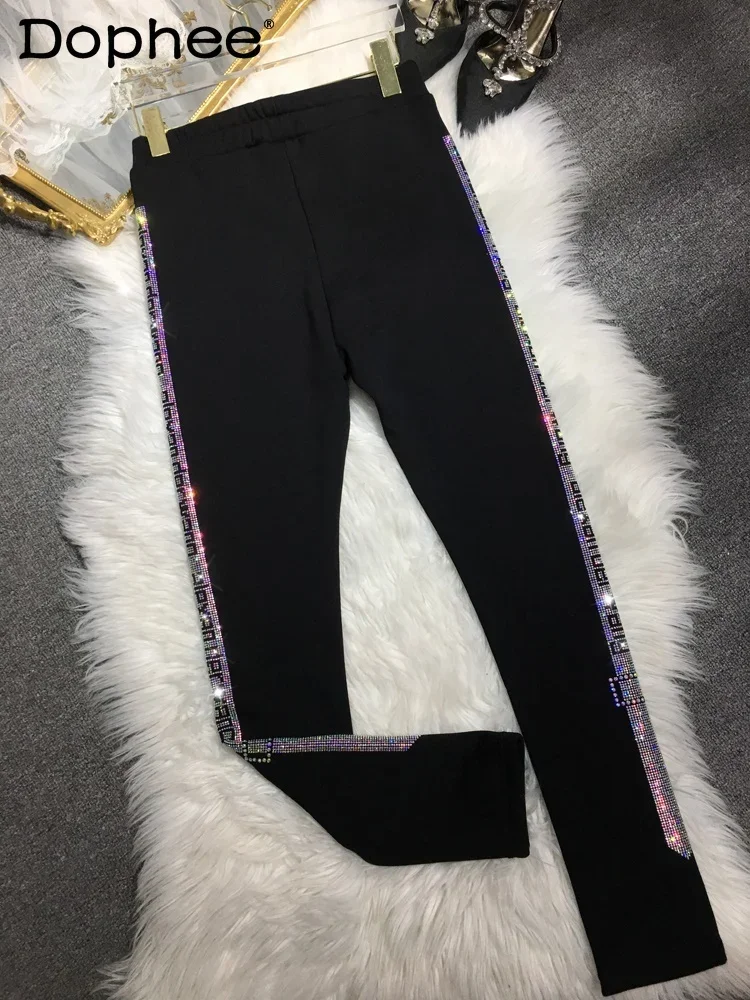 Fleece-lined Thick European Goods Hot Drilling Leggings Women High Waist Black Pants Women Clothing Autumn Winter Trousers