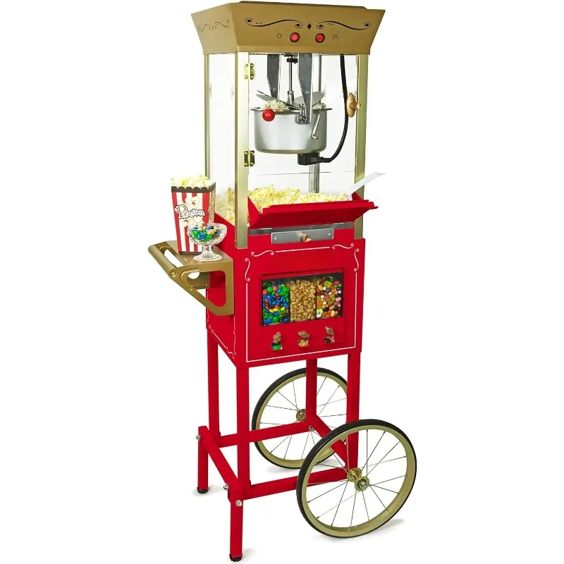 Vintage 8 Ounce Professional Popcorn Cart Makes Up to 32 Cups, Three Storage Candy & Kernel Dispenser Also for Nuts