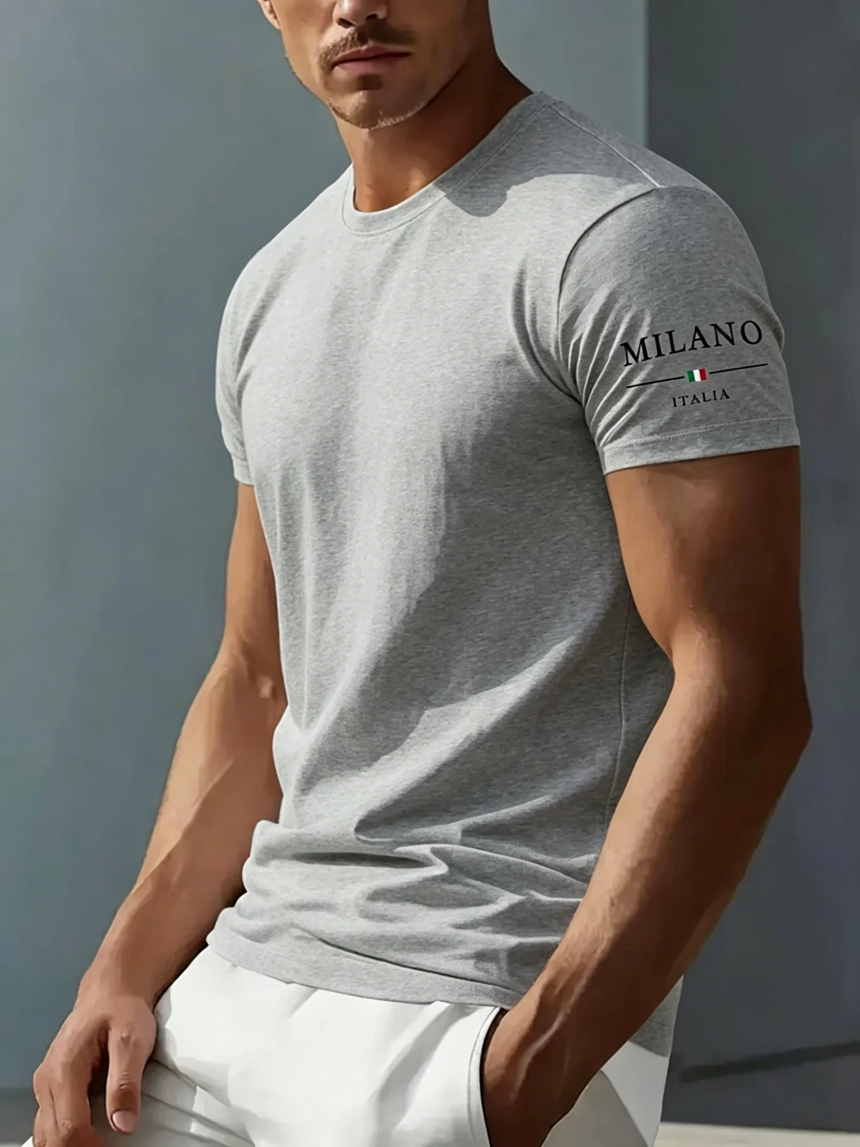 100% reine Baumwolle Herren Sommer Casual Sport Modisch Locker Sitzend MILANO ITALIA Muster Bedrucktes Rundhals Kurzarm T-Shirt Top – Detail 10
