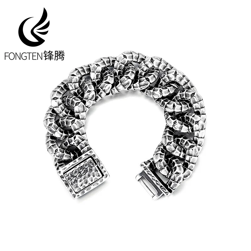 Fongten Trendy Men's Black Dragon Scale Cuban Chain Stainless Steel Bracelet Punk Hip Hop Fashion Jewelry Banquet Halloween Gift