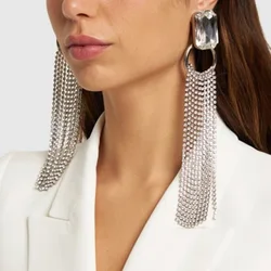 Stonefans Long Tassel Rhinestone Earrings Dangle Jewelry for Women 2024 Statement Round Circle Geometric Crystal Ear Jewelry