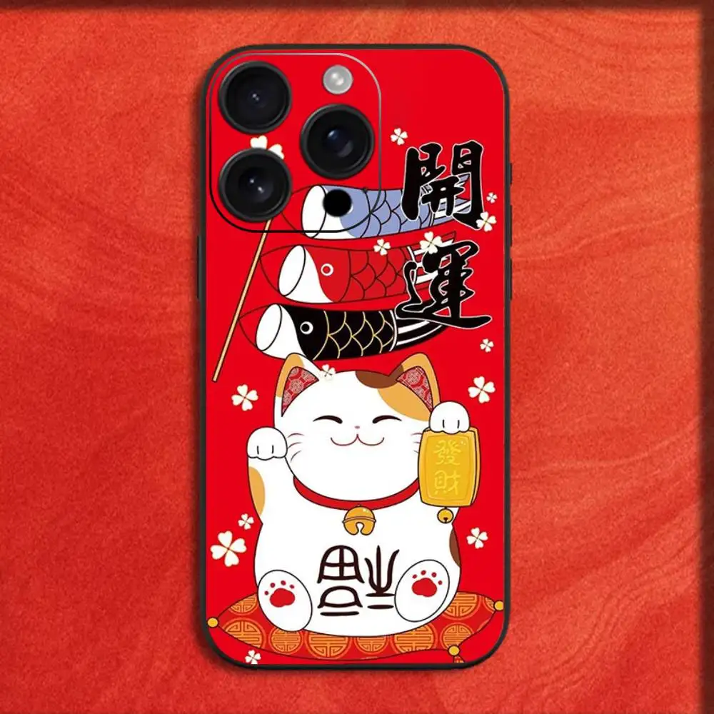 Phone Case For iPhone 16,15,14,13,12,11,Pro,XS,Max,XR,Plus,E,Mini Maneki Neko Lucky Money Cat Black Shockproof Cover - Image 2
