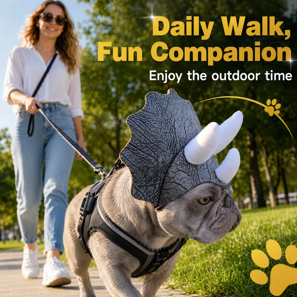 Halloween Horror Triceratops Hat for Dogs - Scary Dinosaur Costume Headwear for French Bulldogs, Durable Polyester Photo Prop