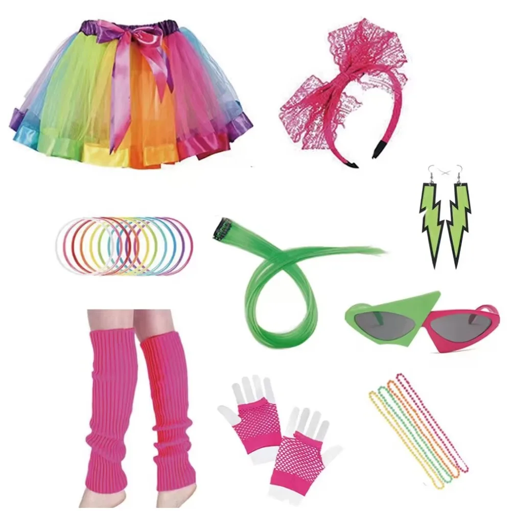 PESENAR Ensemble d'accessoires de tenues de costumes des années 80, kits de fête de déguisement des années 1980 pour femmes
