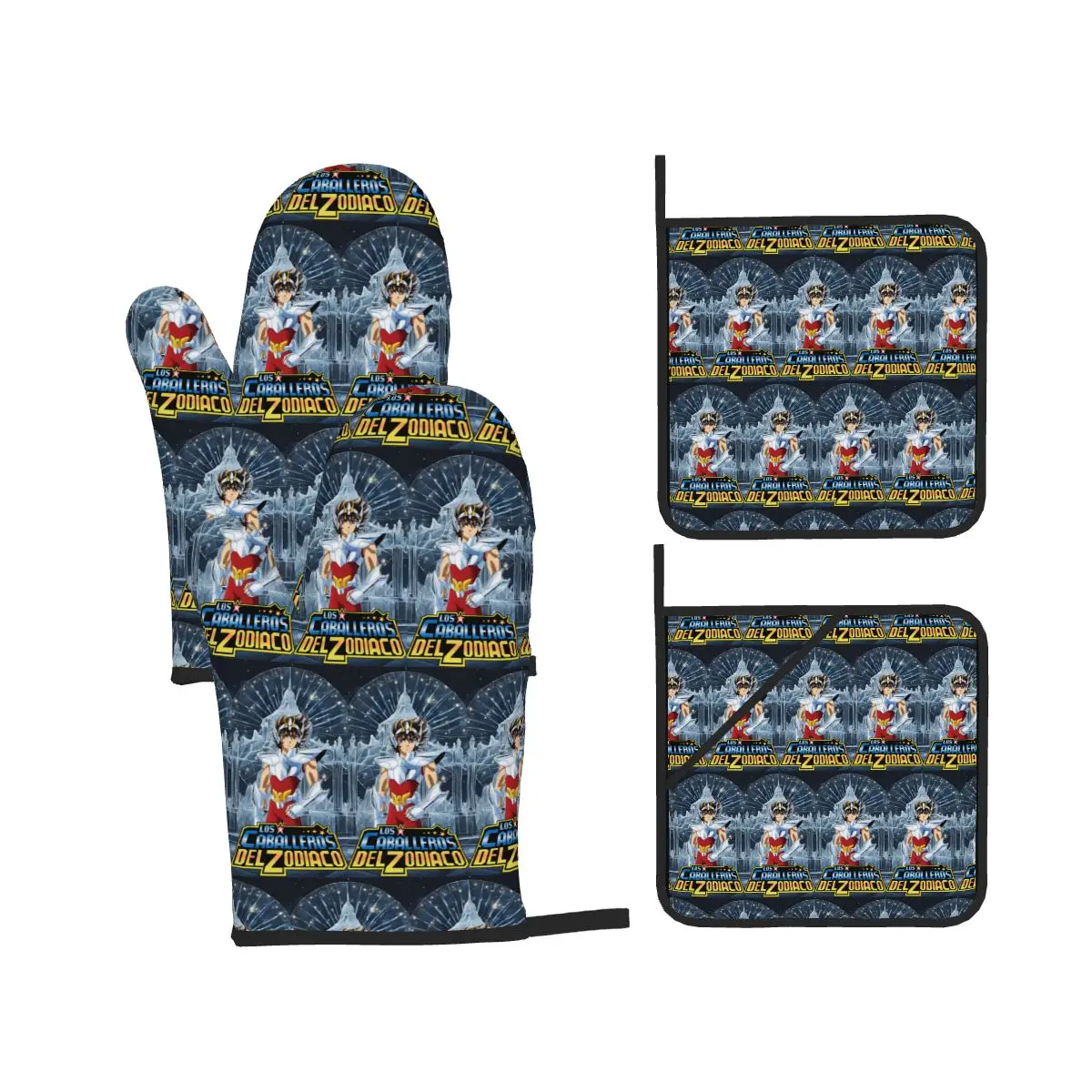 Anime Knights Of The Zodiac Seiya Oven Mitts and Pot Holder Sets of 4 for Baking Kitchen Cooking BBQ Resistant Non-Slip Gloves