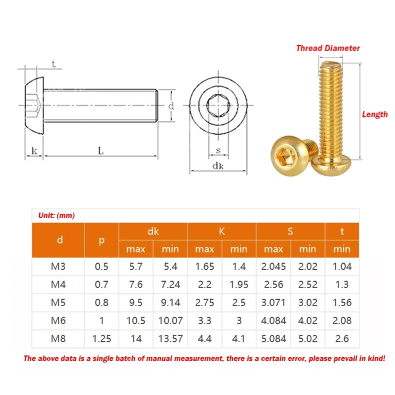 M2 M2.5 M3 M4 M5 M6 M8 M10 M12 High Quality Brass Half Round Hexagon Socket Screw And Golden Hexagon Socket Bolt