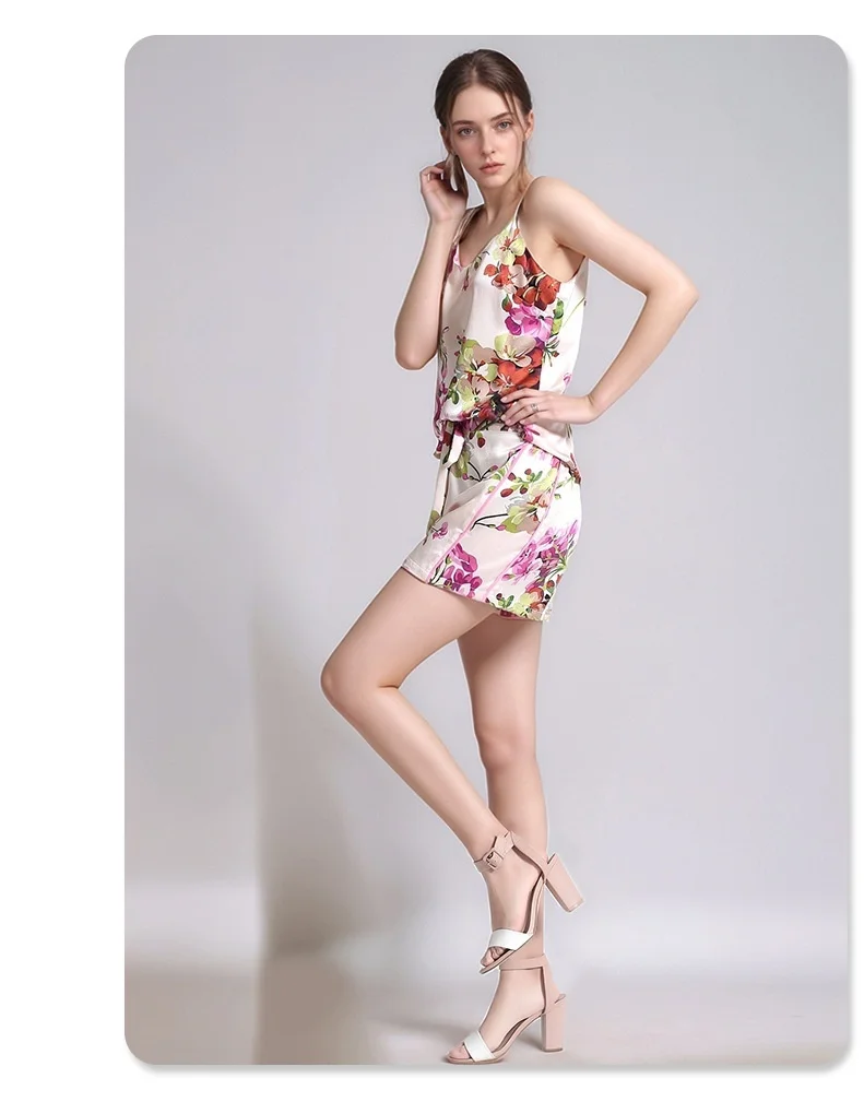 Summer new style women's silk pajamas - 100% mulberry silk camisole and shorts two-piece printed cool loungewear set
