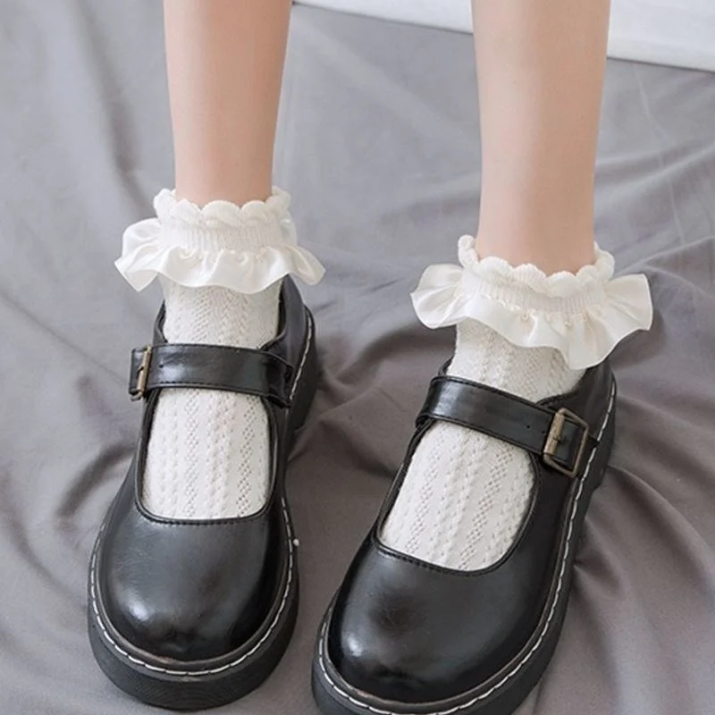 ถุงเท้าน่ารัก Lolita Ruffle สีขาว Kawaii Lolita Calcetines ชุดคอสเพลย์อุปกรณ์เสริมลูกไม้ถุงเท้าการ์ตูนอะนิเมะสาวหวานของขวัญ