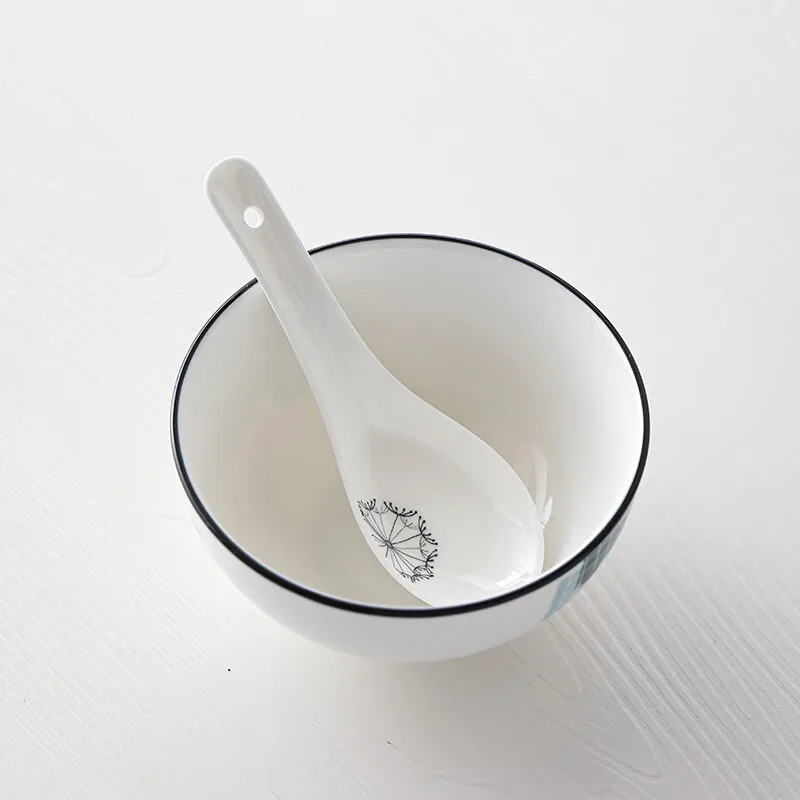 SUSHI CERAMICS Ceramic Small Soup Spoon Dandelion Pattern Spoon Small Rice Spoon Household Tableware Set of 10 Pieces