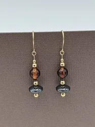 Gilt amber and hematite gilt earrings, amber pendant earrings, hematite pendant earrings