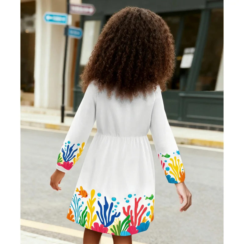 2025 Girls' Long Sleeve Underwater Creature Positioning Floral Dress