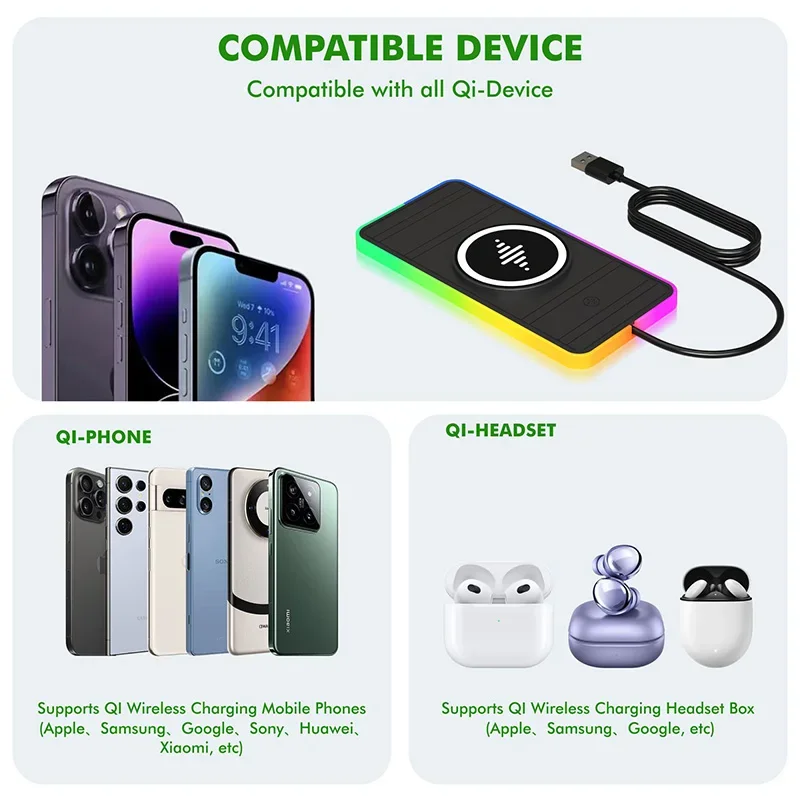 لوحة شاحن سيارة لاسلكية مغناطيسية ، شحن سريع ، ضوء RGB ، مانع للإنزلاق ، آيفون 15 ، 14 ، 13 ، X ، سامسونج ، شاومي ، إيربرودز ، 30 واط