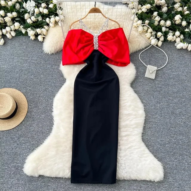 Elegancka sukienka z łańcuszkiem z kryształkami na ramiączkach Vintage Butterfly Chic Slim Split Dress French High Street Evening Autumn Clothing