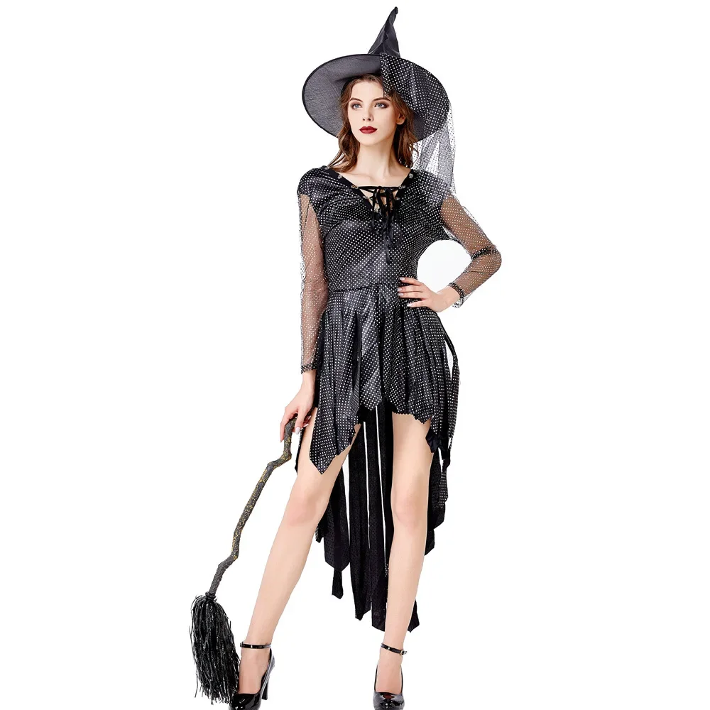 

Halloween Party Adult Witch Costume Set Game Long Sleeved Bow Sexy Witch Stage Drama Costume Uniform With Hat & Dress